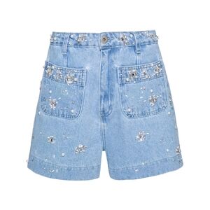 NWT PatBO Embellished Denim Shorts Faux Pearl, Bead & Crystal  Size 6 MSRP$550